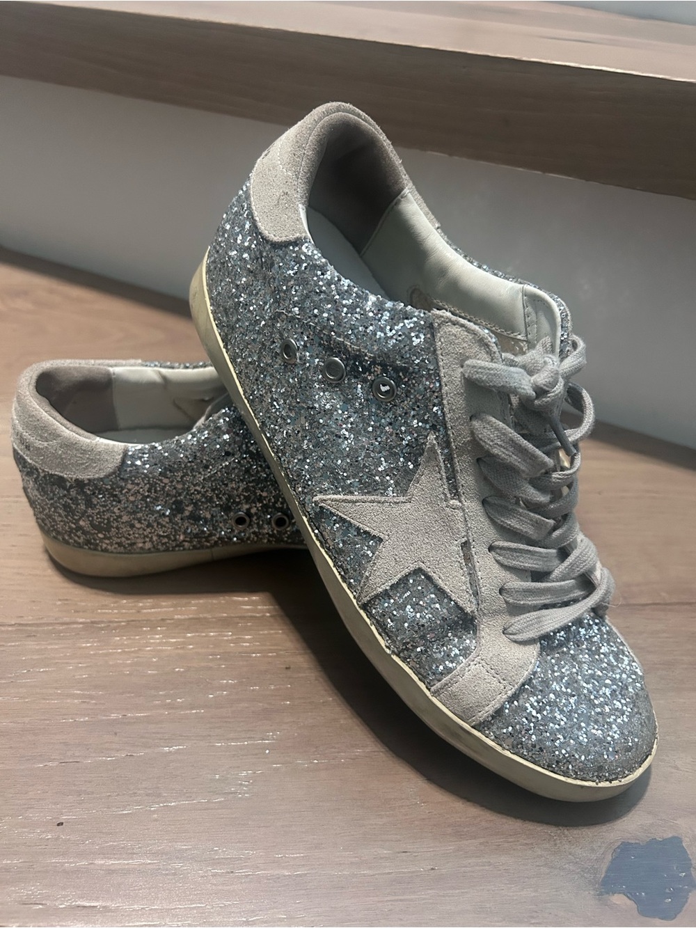 Golden Goose Silver Glitter Low-Top Sneakers with Suede Star